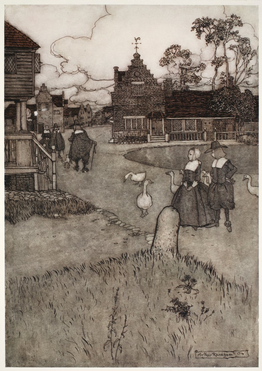 Az eredeti telepesek házai közül néhány, Washington Irving Rip Van Winkle-től, pub. 1910 alkotó: Arthur Rackham