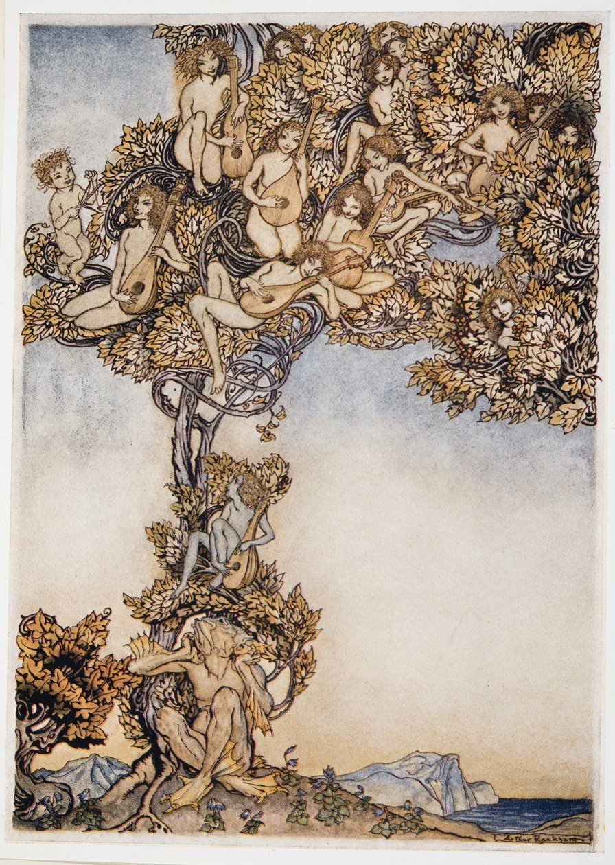 Néha ezernyi kavargó hangszer zúg a fülemben, illusztráció William Shakespeare Vihar című művéből, kocsma. 1926 alkotó: Arthur Rackham