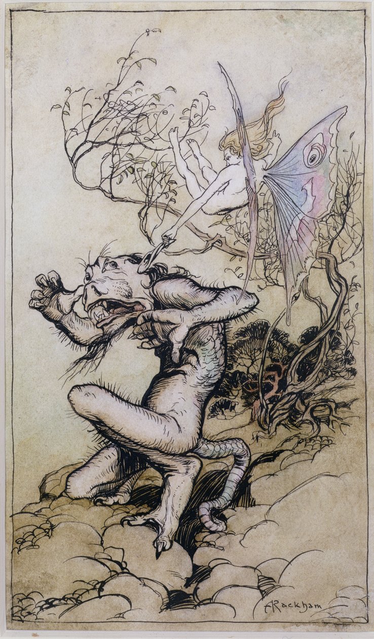Sprite és szörny, Charles (1775-1834) és Mary Lamb (1764-1847) meséiből készült illusztráció, 1909 (toll és tinta, wc) alkotó: Arthur Rackham