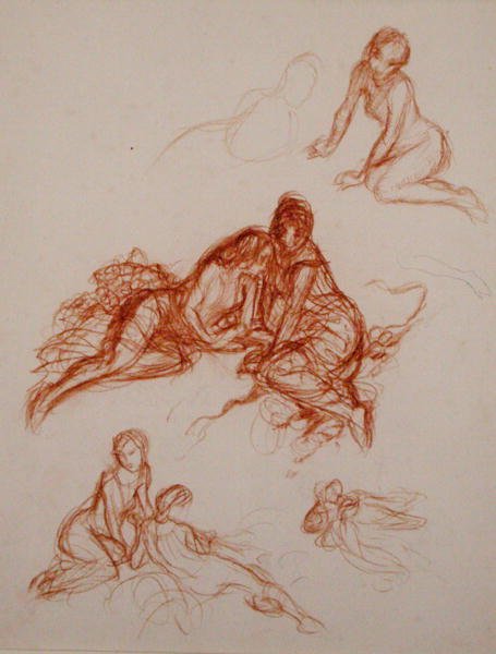 Tanulmányok a fűben ülő lányokról (sanguine papíron) alkotó: Arthur Rackham