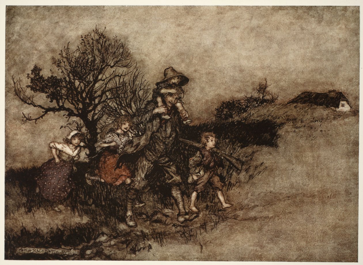 Egy csapat gyerek veszi körül. Rip Van Winkle-től Washington Irving, kocsma. 1910 alkotó: Arthur Rackham