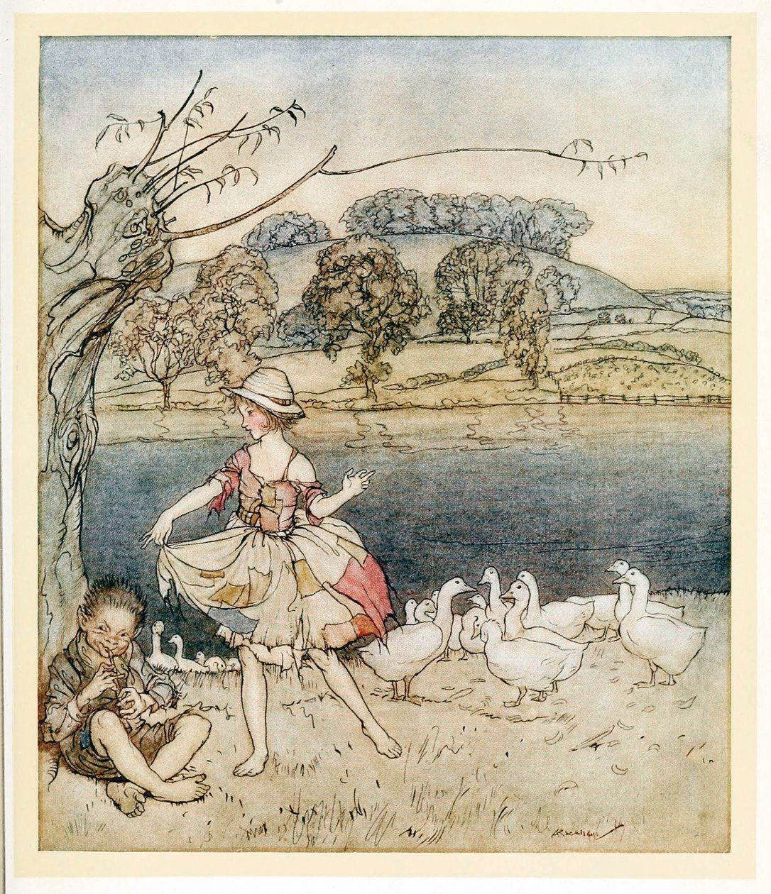 Tatterkabátok táncolnak, miközben a libapásztor sípzik, az English Fairy Tales kocsmából. 1922. alkotó: Arthur Rackham