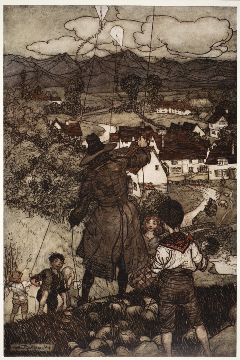 Megtanította őket sárkányrepülni. Rip Van Winkletől, Washington Irvingtől, pub. 1910 alkotó: Arthur Rackham