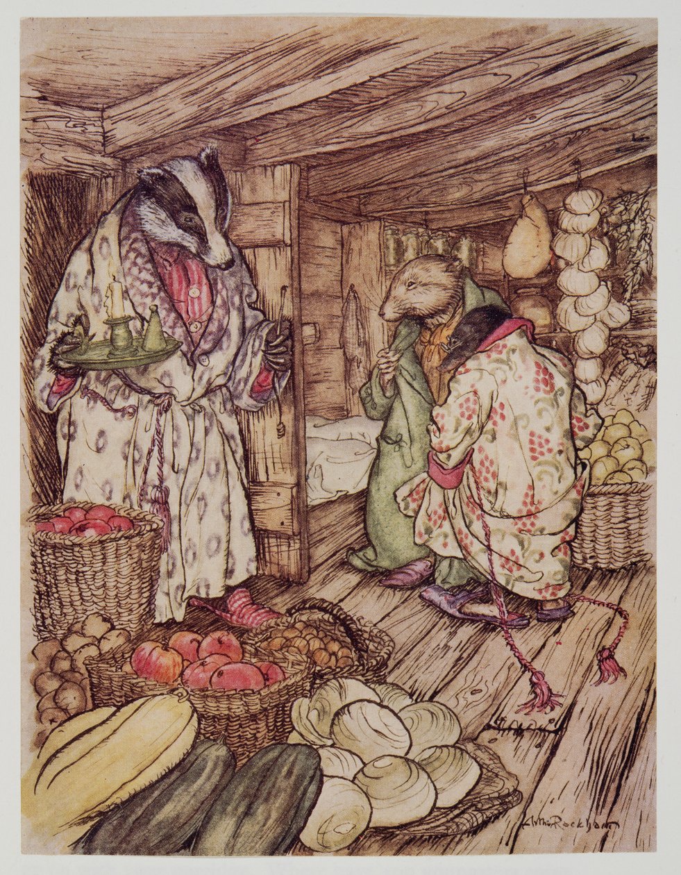 A borzok téli boltjai, amelyek valóban mindenhol látszottak, elfoglalták a fél helyiséget a Wind in the Willows-tól, Kenneth Grahame (1859-1932), kocsmától. 1940 alkotó: Arthur Rackham