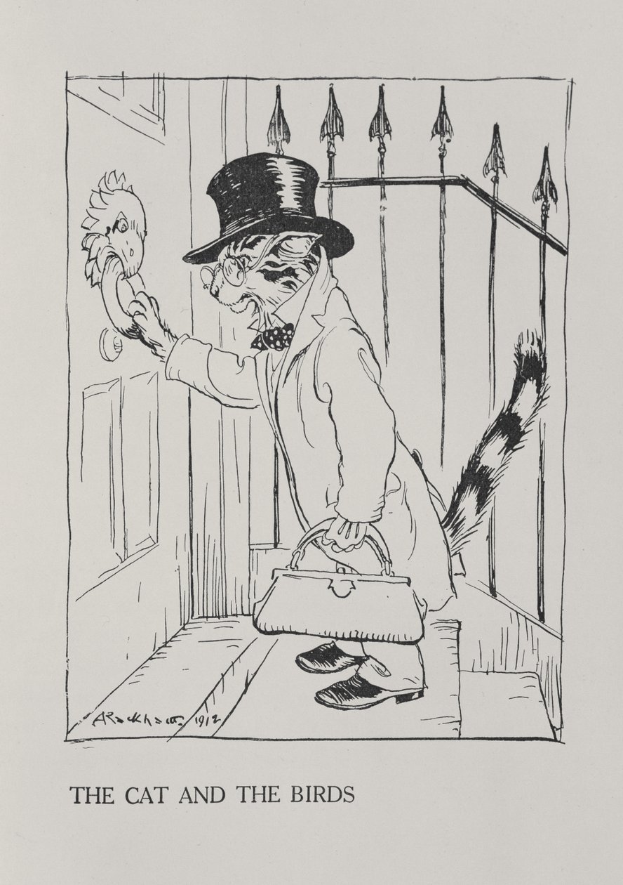 A macska és a madarak, illusztráció Aesopus meséiből, kiadta Heinemann, 1912. alkotó: Arthur Rackham