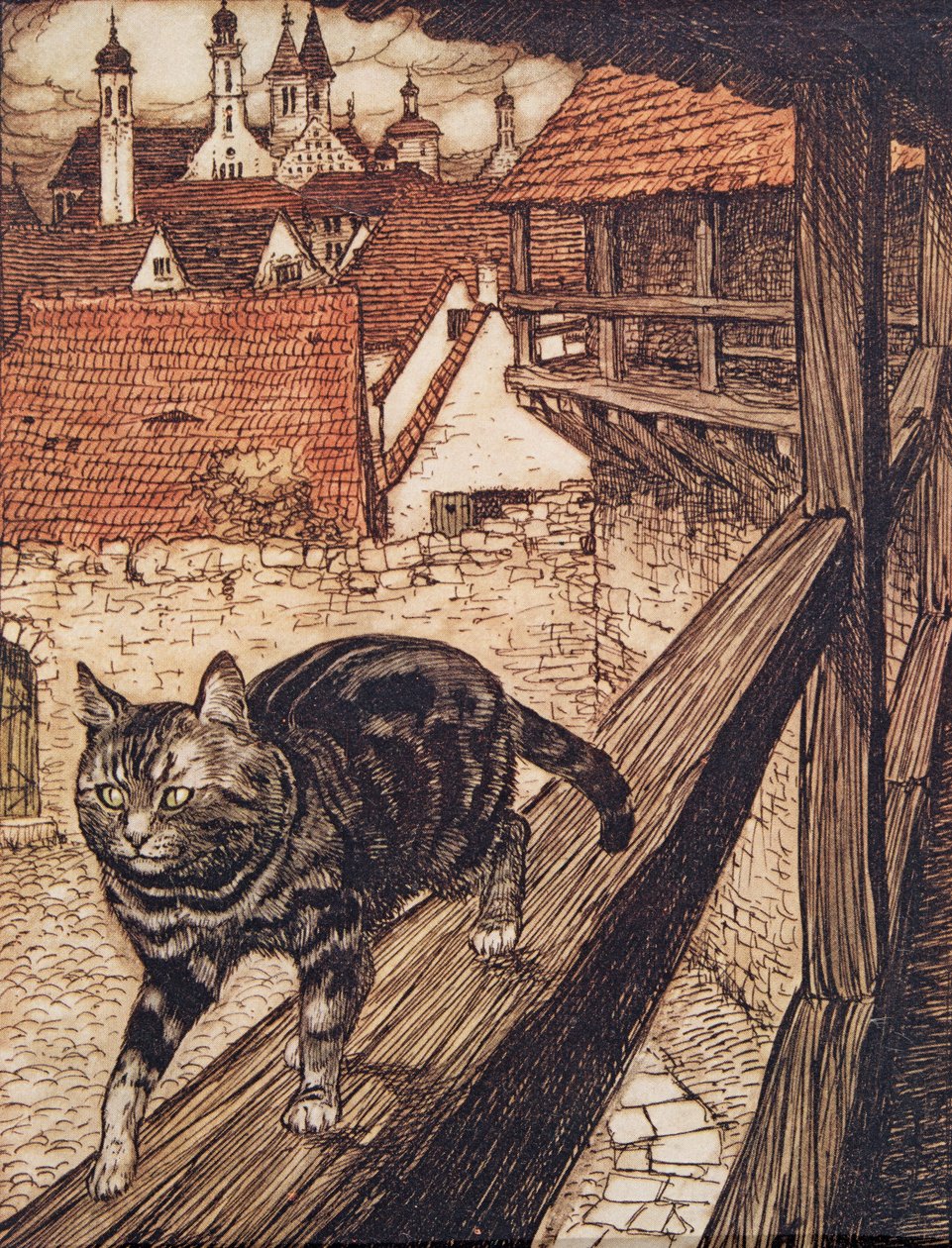 A macska a városfalak mögé lopódzott a templomba..., a Grimm testvérek tündérmeséiből, kocsmából. 1909 alkotó: Arthur Rackham