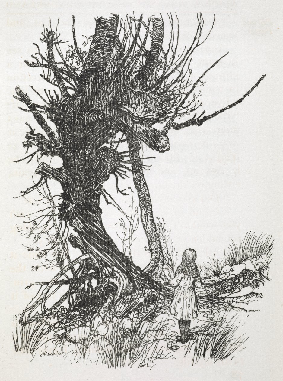A Cheshire Cat egy fán néz le Alice-re alkotó: Arthur Rackham