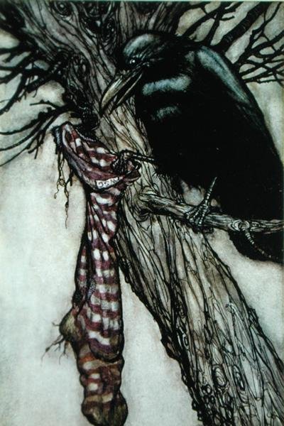 A varjú, illusztráció J. M. Barrie (1860-1937) „Pán Péter” című művéből (színes litó) alkotó: Arthur Rackham