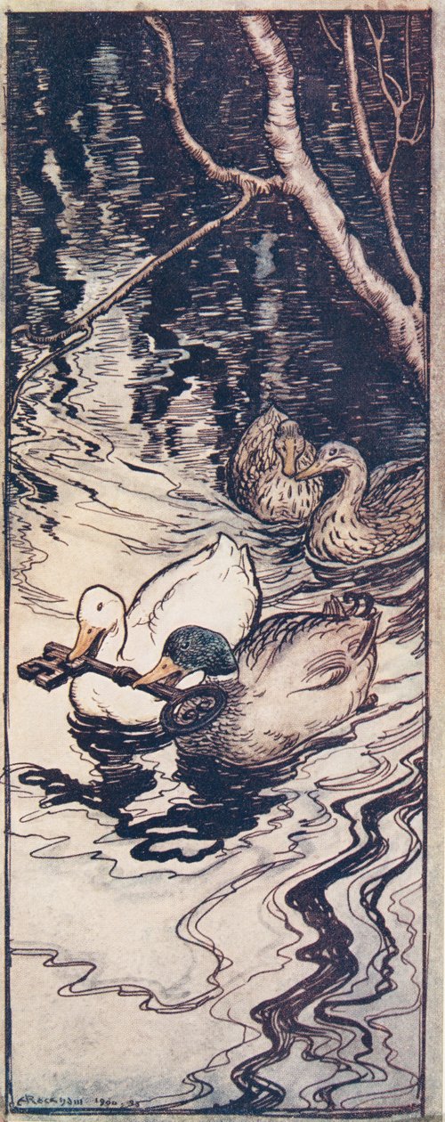 A Kacsák, amelyeket egykor megmentett, lemerült és előhozta a kulcsot a mélyből a Grimm testvérek tündérmeséi, kocsma. 1909 alkotó: Arthur Rackham