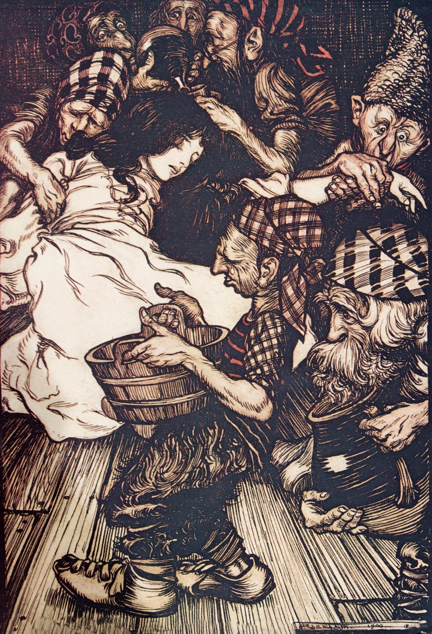 A törpék, amikor este megérkeztek, Hóvirágot találtak a földön fekve, a Grimm testvérek tündérmeséiből, kocsmából. 1909 alkotó: Arthur Rackham
