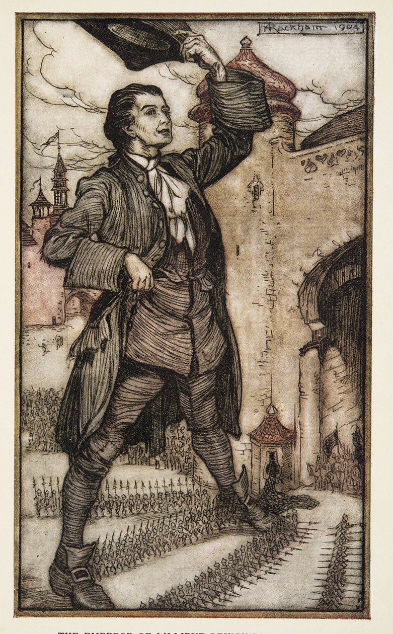 The Emperor of Lilliput Reviews His Troops, Gulliver utazásai, Jonathon Swift (1667-1745), pub. 1909 (színes litó) alkotó: Arthur Rackham