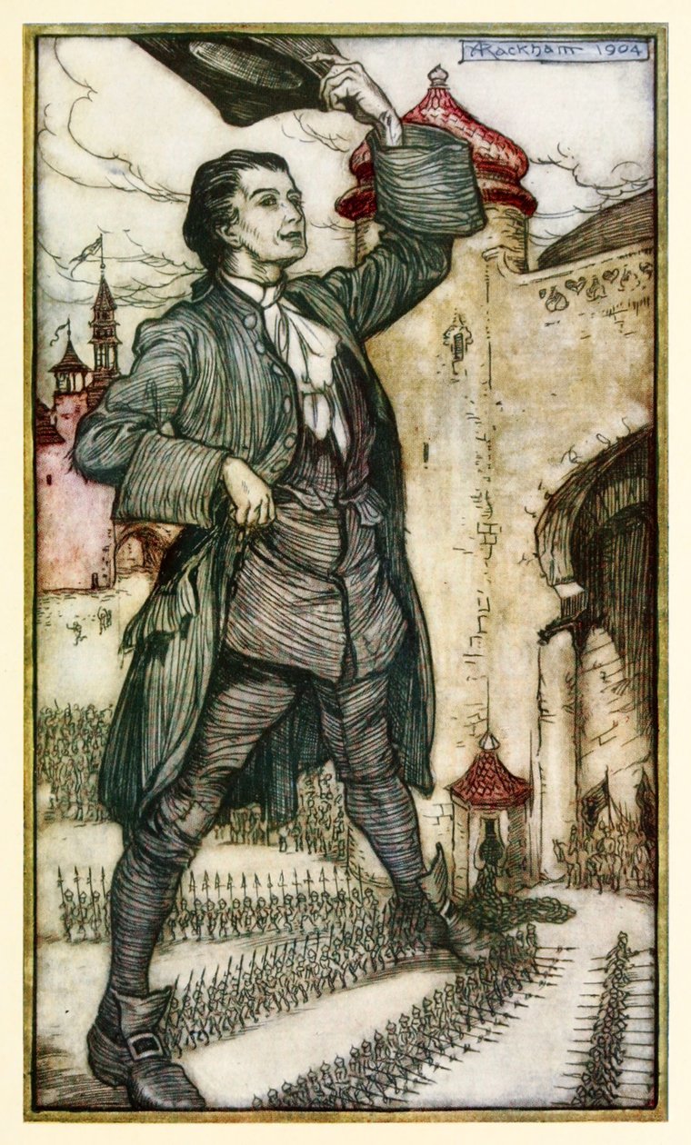 Lilliput császára áttekinti csapatait az I. részből: Utazás Lilliputhoz a Gullivers utazásokban, Jonathan Swift alkotó: Arthur Rackham