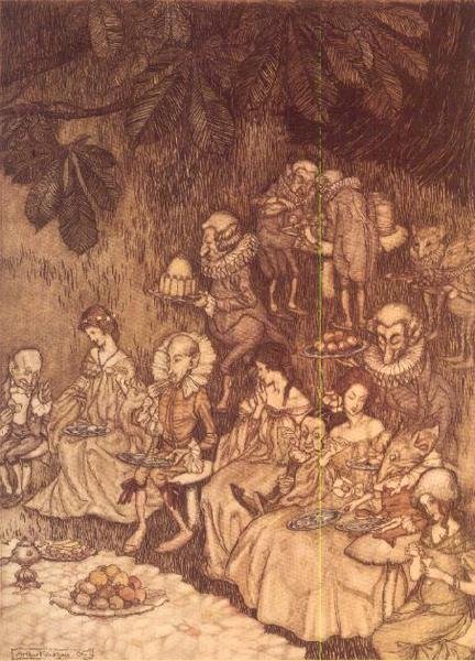 „The Feast” a „Peter Pan in Kensington Gardens”-ből, J. M. Barrie alkotó: Arthur Rackham
