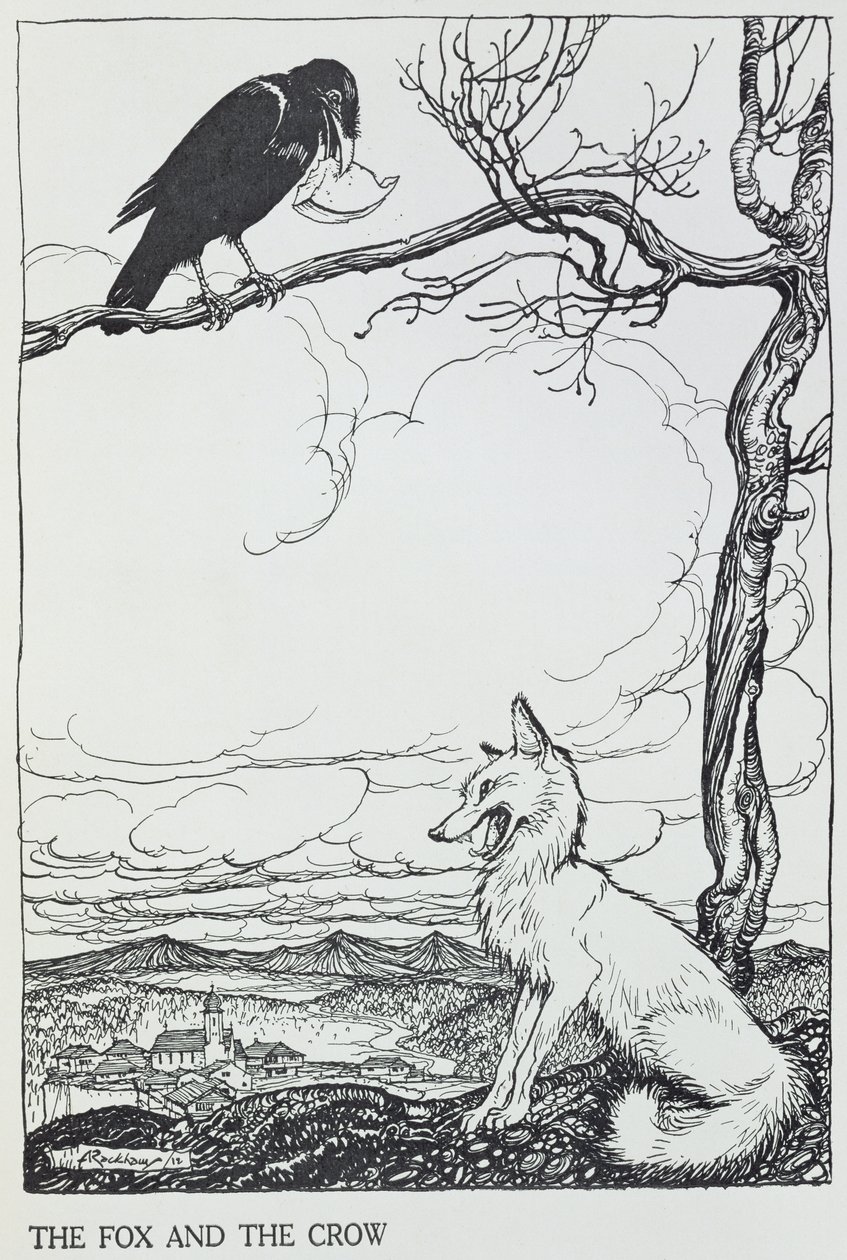 A róka és a varjú, illusztráció az „Aesopus meséiből”, kiadó: Heinemann, 1912 (metszet) alkotó: Arthur Rackham