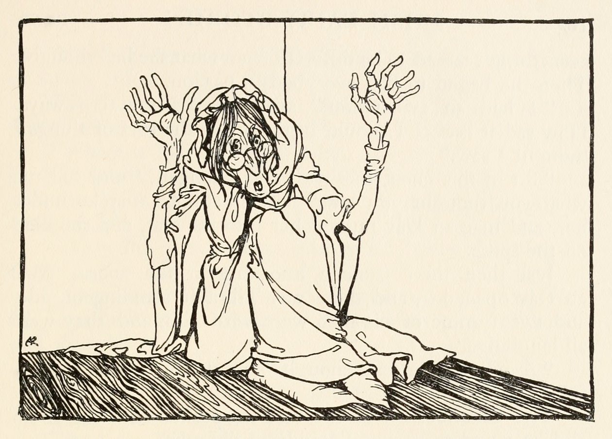A Hag a fal mellett ült, a Morgans Frenzy-ből az Irish Fairy Tales-ben alkotó: Arthur Rackham