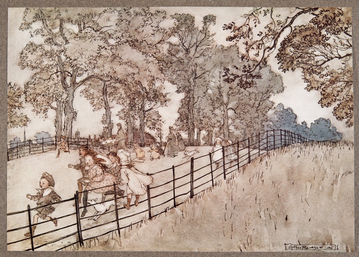 The Hump, amely a Broad Walk része, ahol az összes nagy versenyt lebonyolítják. Peter Pan a Kensington Gardens-ben, J M Barrie (1860-1937), pub. 1906 alkotó: Arthur Rackham