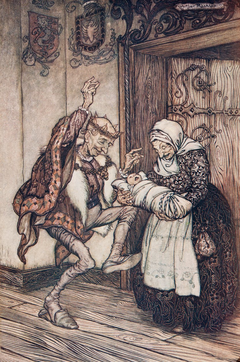 A király nem tudta visszafogni magát az örömtől ?., A Grimm testvérek tündérmeséiből, kocsma. 1909 alkotó: Arthur Rackham
