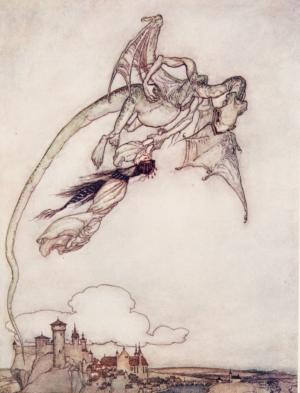 A királyok egyetlen lányát egy sárkány vitte el a Grimm testvérek tündérmeséiből, a kocsmából. 1909 alkotó: Arthur Rackham