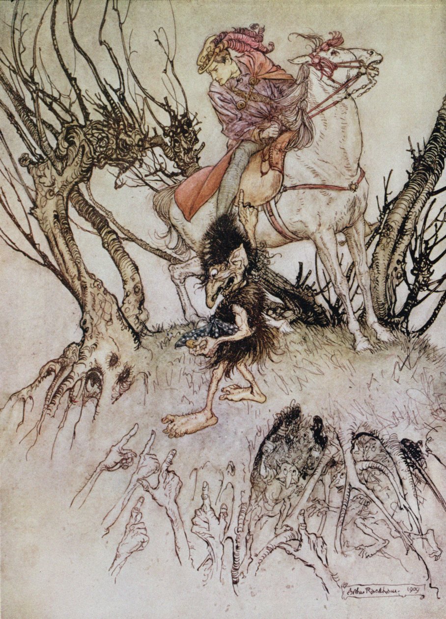 Hulbrand lovag gnómmal, de la Motte Fouque báró „Undine” című meséjének illusztrációja, 1909 alkotó: Arthur Rackham