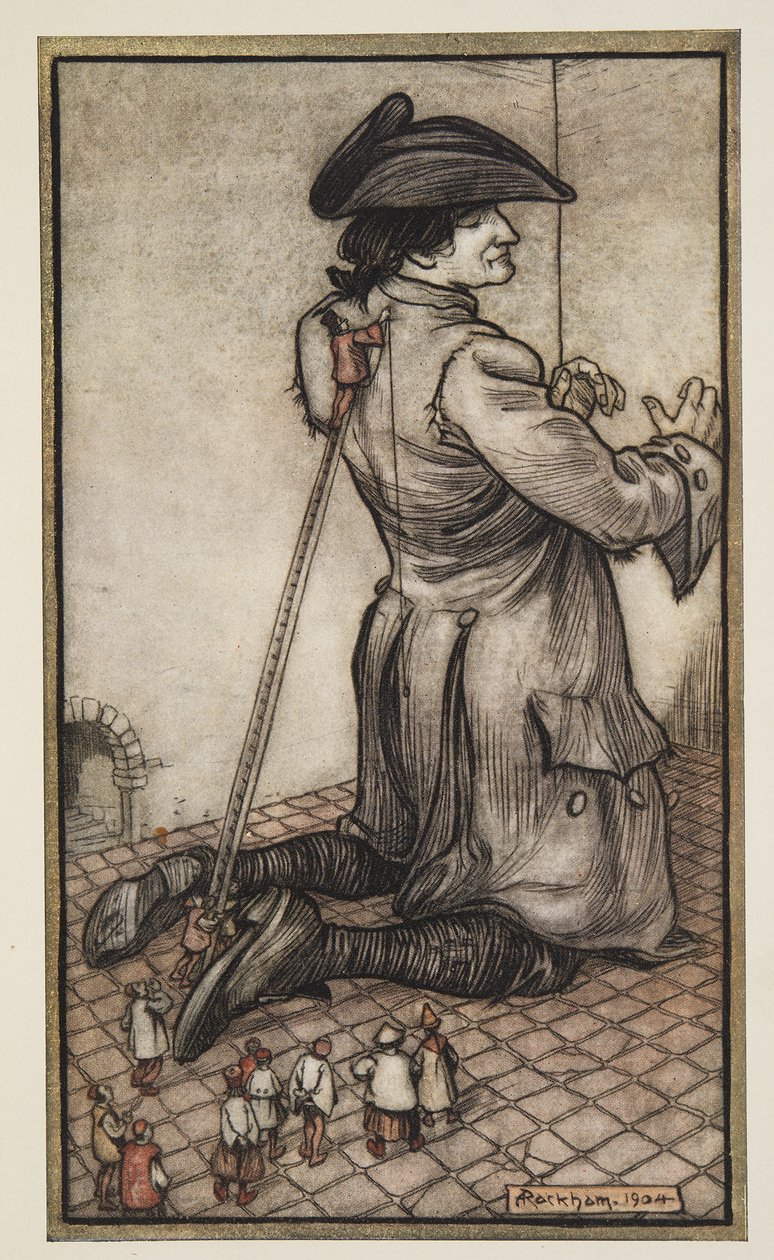 A liliputi szabók új öltönyért mérik Gullivert, a Gullivers Travels-ből, Jonathon Swift (1667-1745), pub. 1909 alkotó: Arthur Rackham