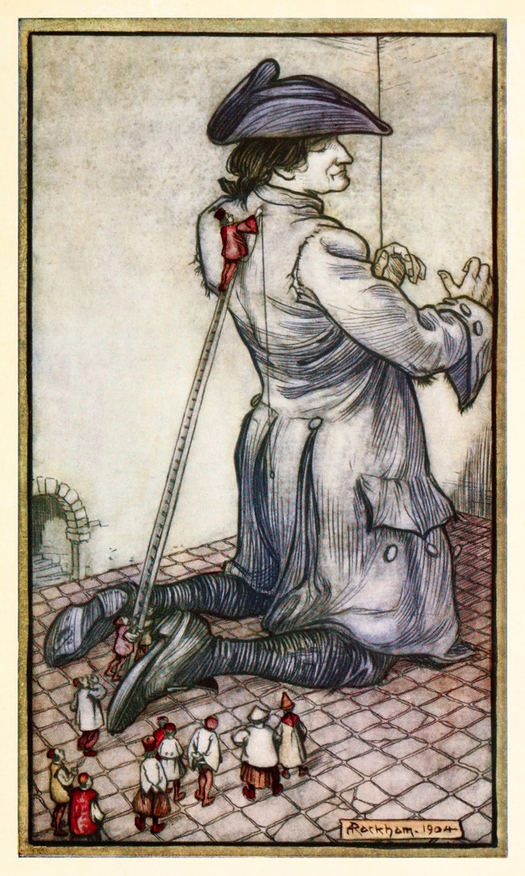 A liliputi szabók új öltönyt mérnek Gulliverre az I. részből: Utazás Lilliputra a Gullivers utazásokban (Jonathan Swift) alkotó: Arthur Rackham