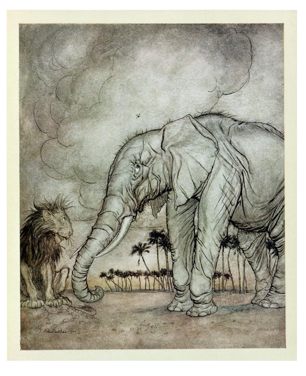 Az oroszlán, a Jupiter és az elefánt, illusztráció az „Aesopus meséiből”, kiadó: Heinemann, 1912 alkotó: Arthur Rackham