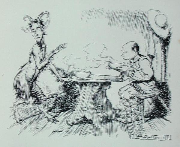 Az ember és a kecske, illusztráció az „Aesopus meséiből”, kiadó: Heinemann alkotó: Arthur Rackham