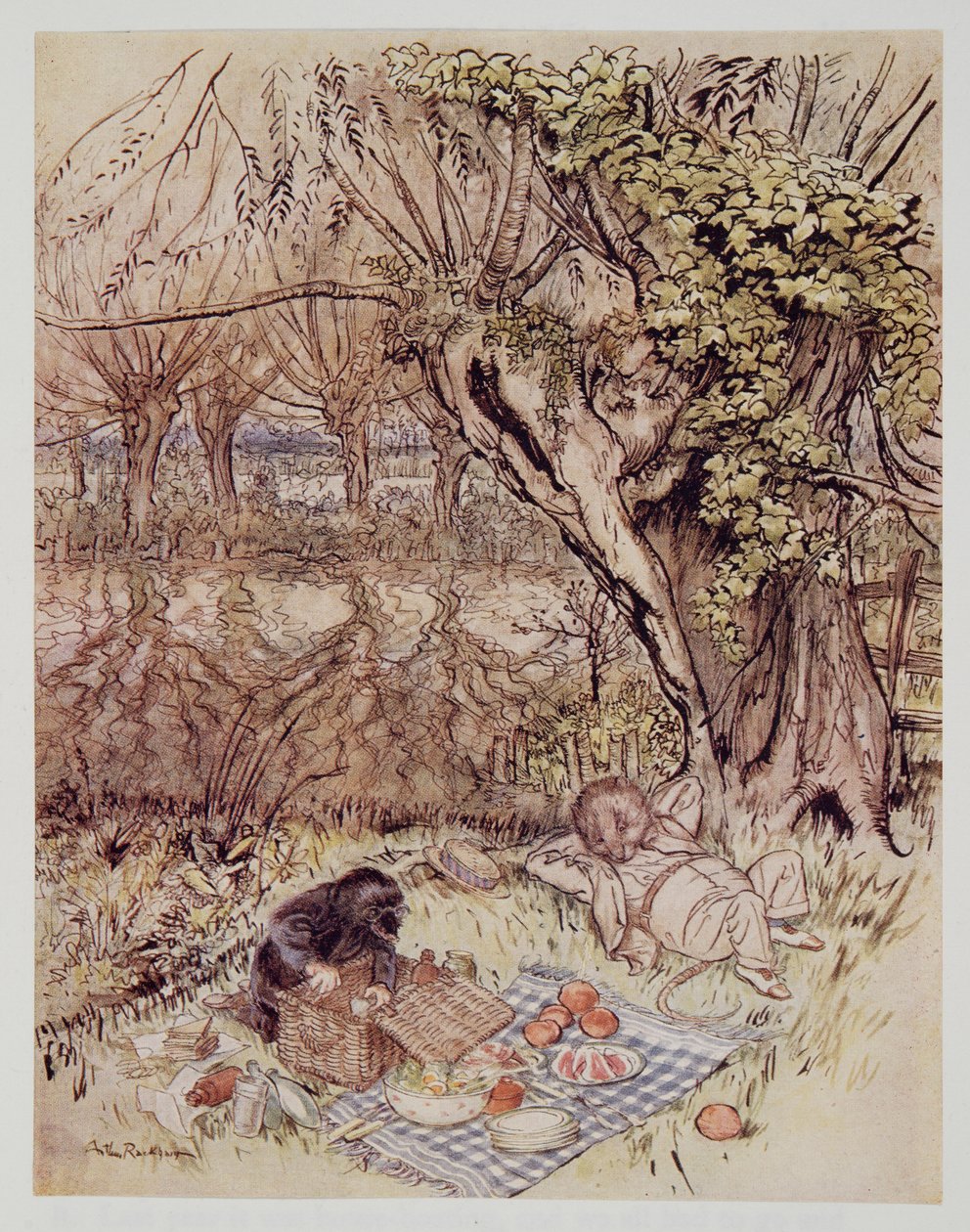 A Vakond szívességből könyörgött, hogy engedjék meg neki, hogy egyedül bontsa ki az egészet Kenneth Grahame (1859-1932), kocsma Wind in the Willows című művéből. 1940 alkotó: Arthur Rackham