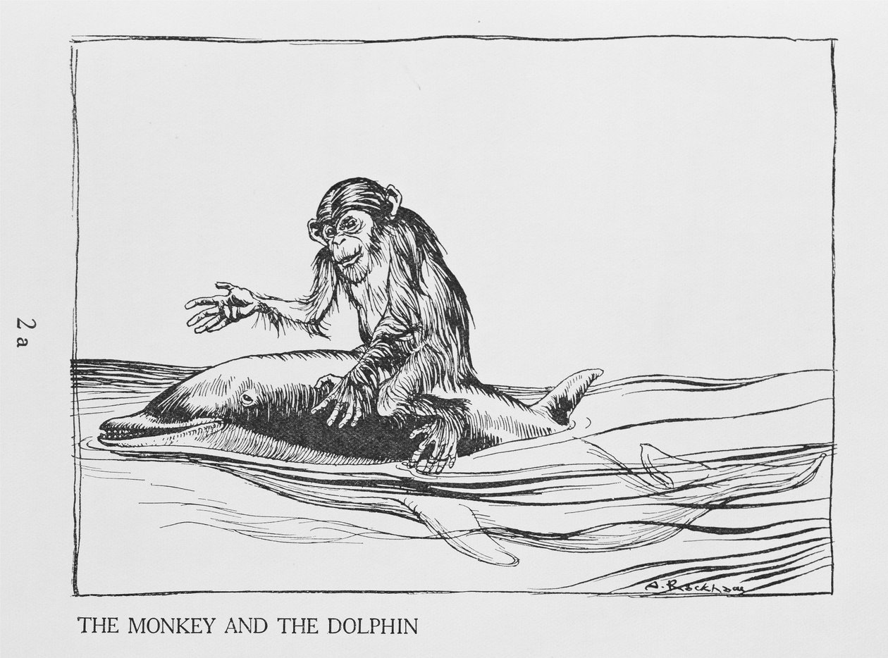 A majom és a delfin, illusztráció az Aesops Fables-ből, kiadó: Heinemann, 1912 alkotó: Arthur Rackham