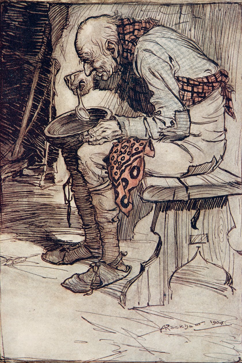 Az Öregnek egyedül kellett ülnie és egy fatálból ettenie az ételt ...a Grimm testvérek meséiből, kocsmából. 1909 alkotó: Arthur Rackham
