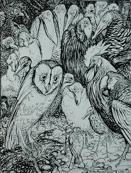 A bagoly és a madarak, illusztráció az „Aesopus meséiből”, kiadó: Heinemann alkotó: Arthur Rackham