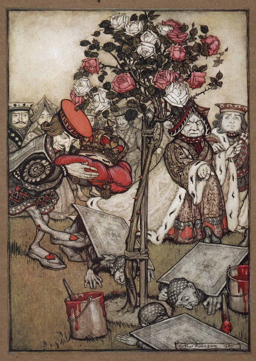 A Királynő, a Király és a Szívek Lovaga elhalad a rózsabokrot vörösre festő kártyákba öltözött férfiak mellett alkotó: Arthur Rackham