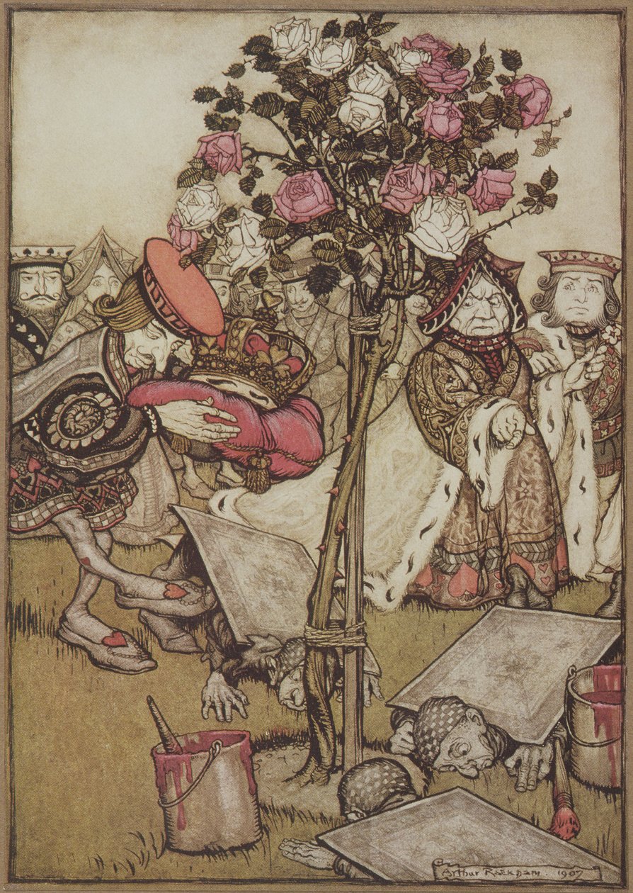A királynő dühösen elfordult tőle, és azt mondta a Károsnak: „Fordítsd meg őket” az Alice Csodaországban című könyvéből, Lewis Carroll, kocsma. 1907 (színes litó) alkotó: Arthur Rackham