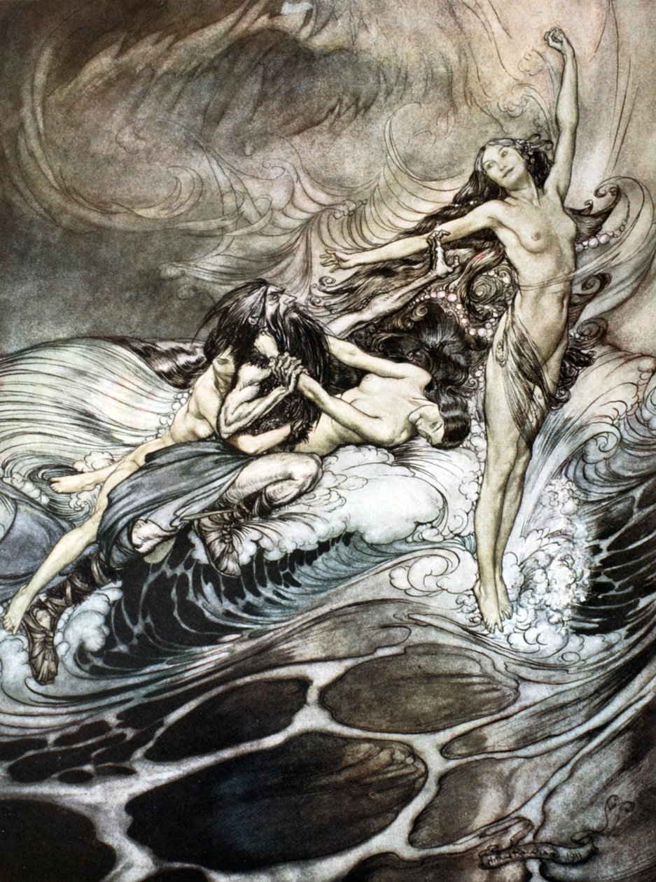 „A rajnai lányok birtokba veszik a gyűrűt, és diadalmasan viselik”, 1924. alkotó: Arthur Rackham