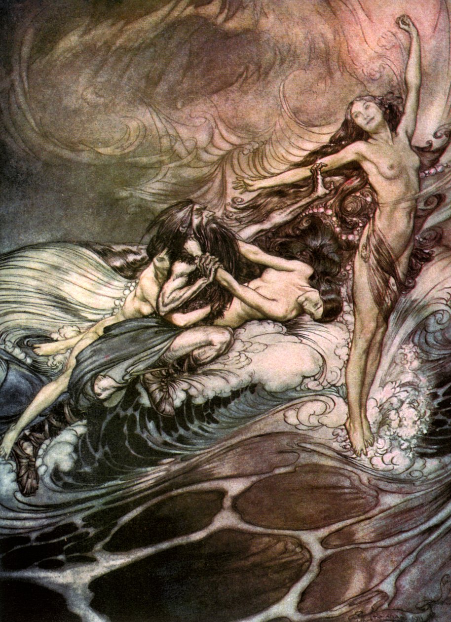 A rajnai lányok birtokba veszik a gyűrűt, és diadalmenetben viselik el 1911-ben alkotó: Arthur Rackham