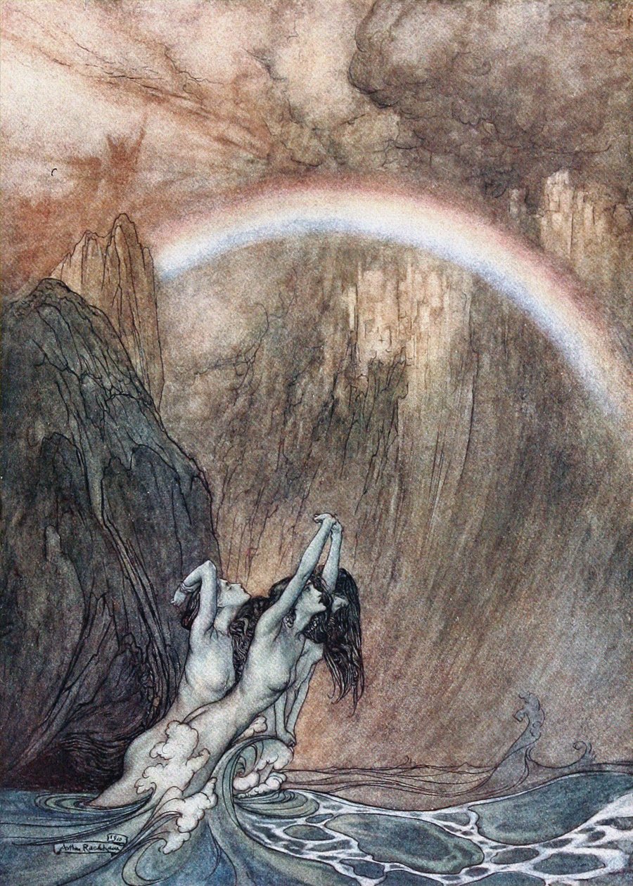 A Rajnai lányok siránkoznak elveszett aranyukért. Illusztráció a Rajna aranyhoz és a Valkűrhöz, Richardtól alkotó: Arthur Rackham