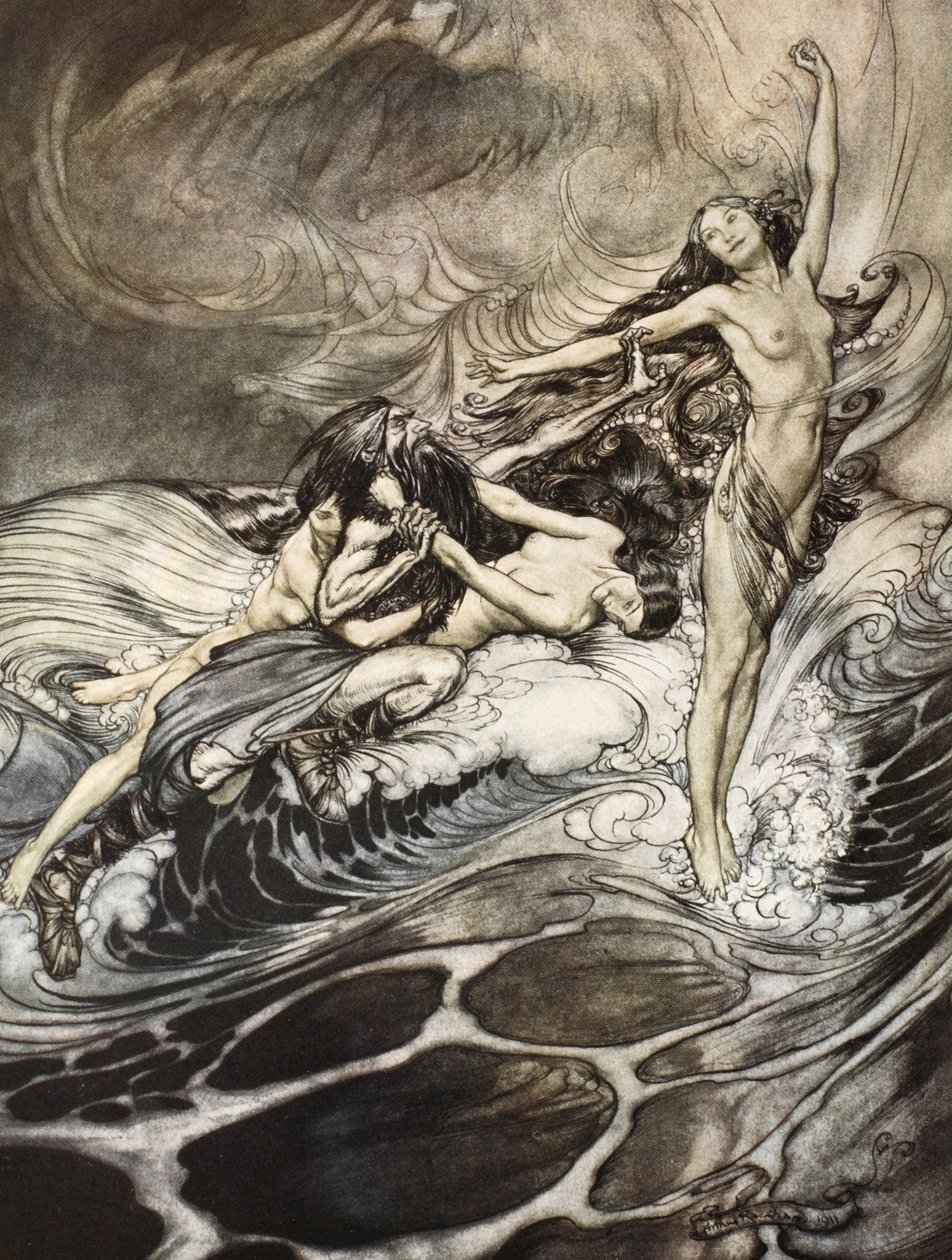A Rajnai lányok birtokba veszik a gyűrűt, és diadalmasan hordják le, illusztráció a „Siegfried és az istenek alkonya” című művéből. alkotó: Arthur Rackham