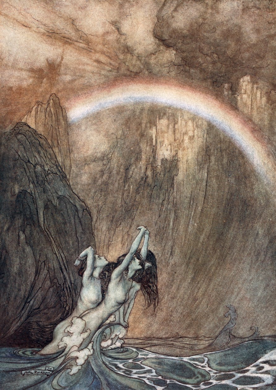 „A Rajna szép gyermekei, sírnak elveszett aranyukért”, 1910. alkotó: Arthur Rackham