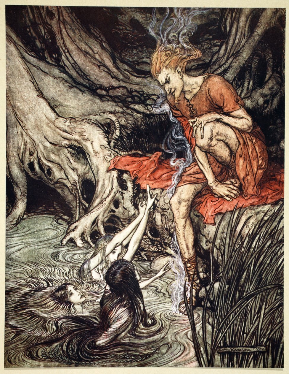 „A Rajna tisztán csillogó gyermekei meséltek szomorúságukról”, 1910. alkotó: Arthur Rackham