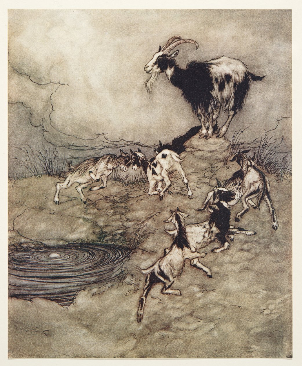 A hét kölyök és édesanyjuk körbejárták a tavaszt örömükben, a Grimm testvérek tündérmeséi kocsmából. 1909 alkotó: Arthur Rackham