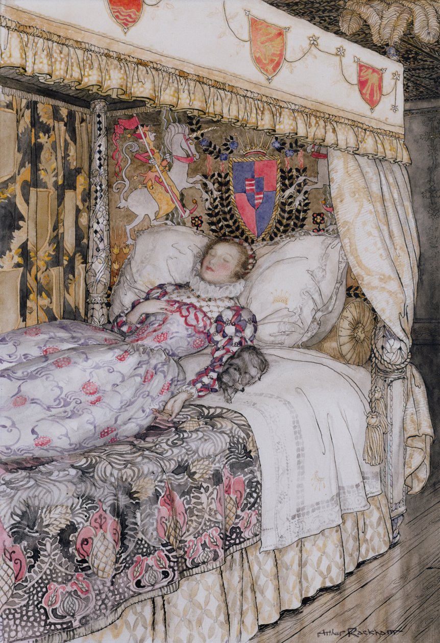 Az alvó hercegnő, illusztráció a szövetségesek tündérkönyvéhez, Heinemann, 1916 (toll és tinta WC-vel papíron) alkotó: Arthur Rackham