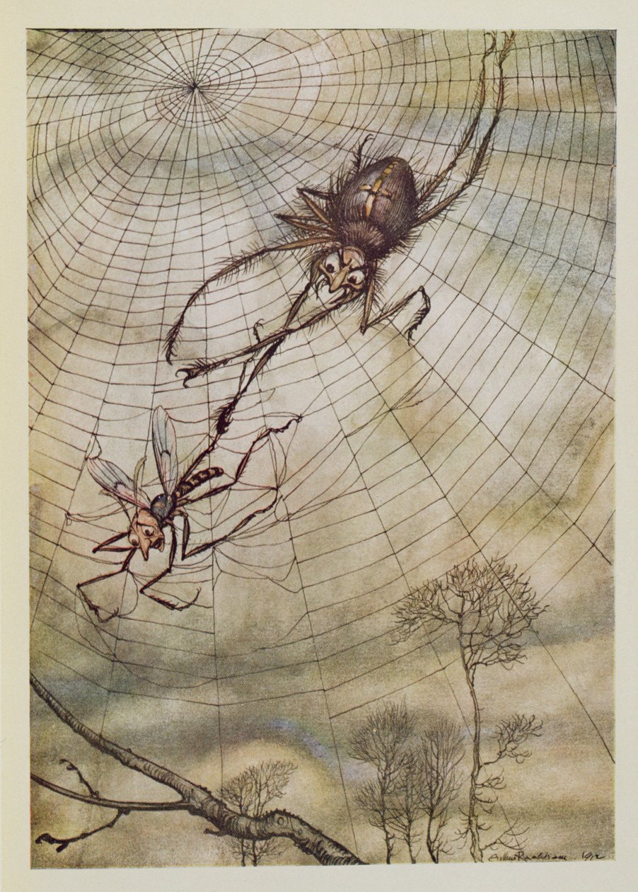 A pók és a légy, illusztráció az „Aesopus meséiből”, kiadó: Heinemann, 1912 alkotó: Arthur Rackham