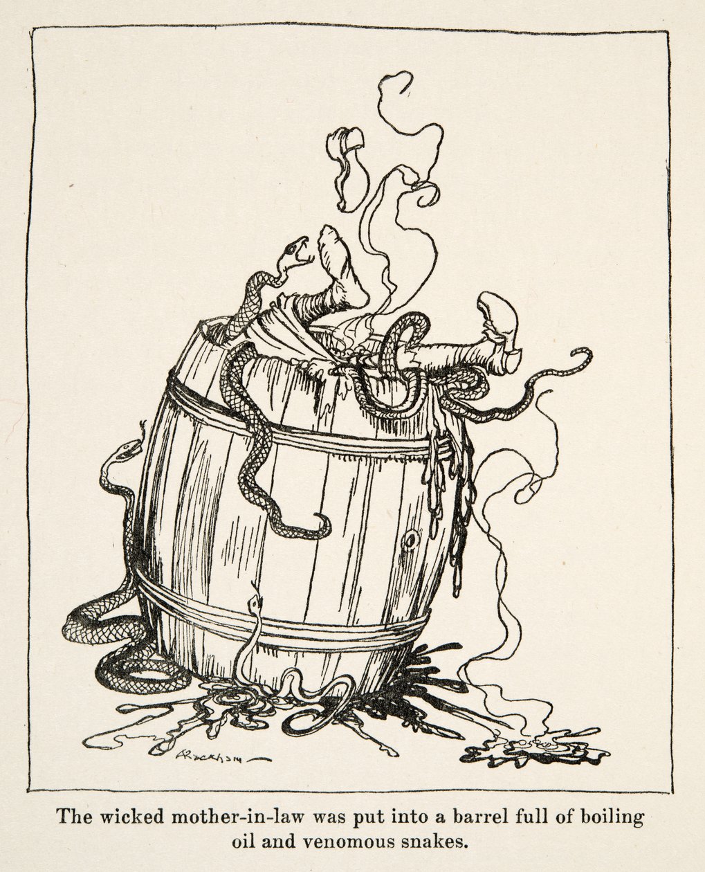 A gonosz anyóst egy forró olajjal és mérges kígyókkal teli hordóba tették, a Little Brother & Little Sister és a Grimm testvérek más meséiből, pub.1917 (litho) alkotó: Arthur Rackham