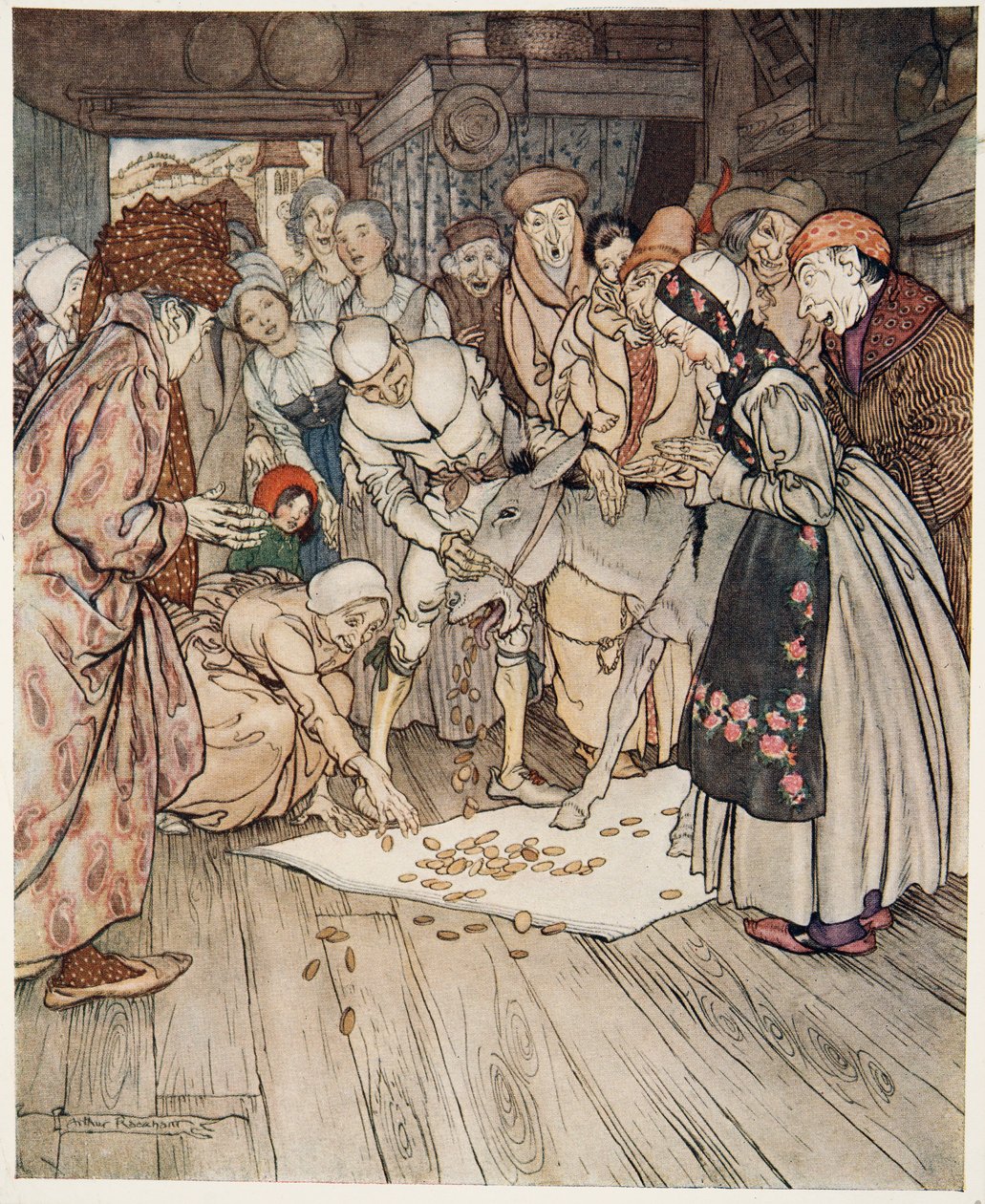 A kívánságasztal, az istenszamár és a cudgel a hátizsákban, a Little Brother & Little Sister és a Grimm testvérek egyéb meséiből, pub.1917 alkotó: Arthur Rackham