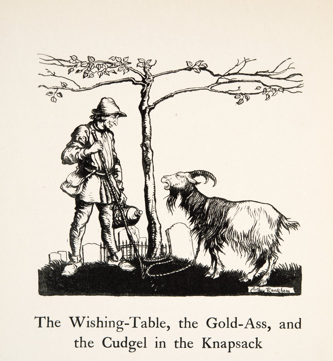 A kívánságasztal, az aranyszamár és a bújó a hátizsákban, a Little Brother & Little Sister és a Grimm testvérek egyéb meséiből, pub.1917 (litho) alkotó: Arthur Rackham