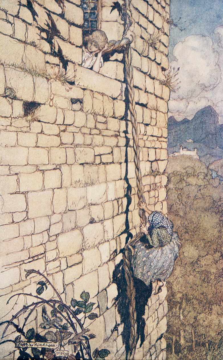 A boszorkány felkapaszkodott .. , a Grimm testvérek tündérmeséi, kocsma. 1909 alkotó: Arthur Rackham