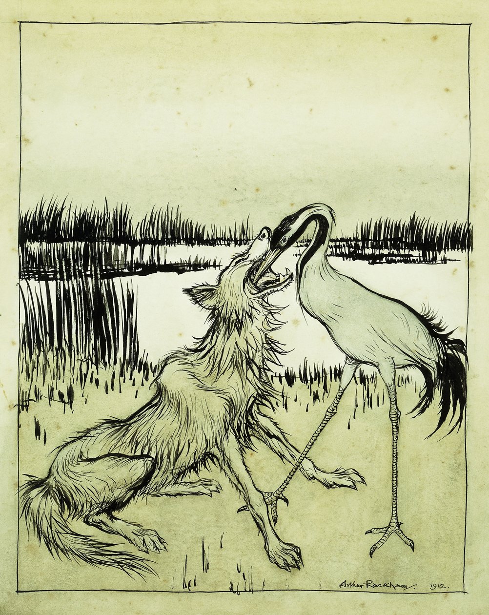 A farkas és a daru – Aesops-mesék, 1912 alkotó: Arthur Rackham