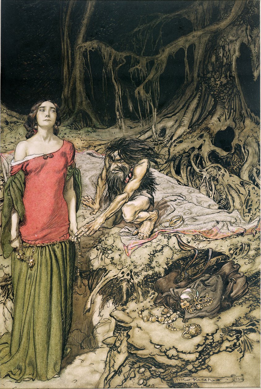 Grimhilde udvarlása, Hagen anyja Richard Wagner Siegfried és Az istenek alkonya című művéből, Margaret Armour fordításában, 1911 alkotó: Arthur Rackham
