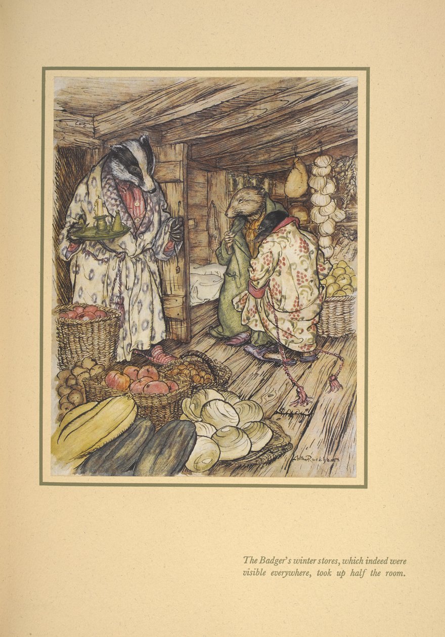A borz téli raktárai, amelyek valóban mindenhol látszottak, a fél helyiséget elfoglalták. alkotó: Arthur Rackham