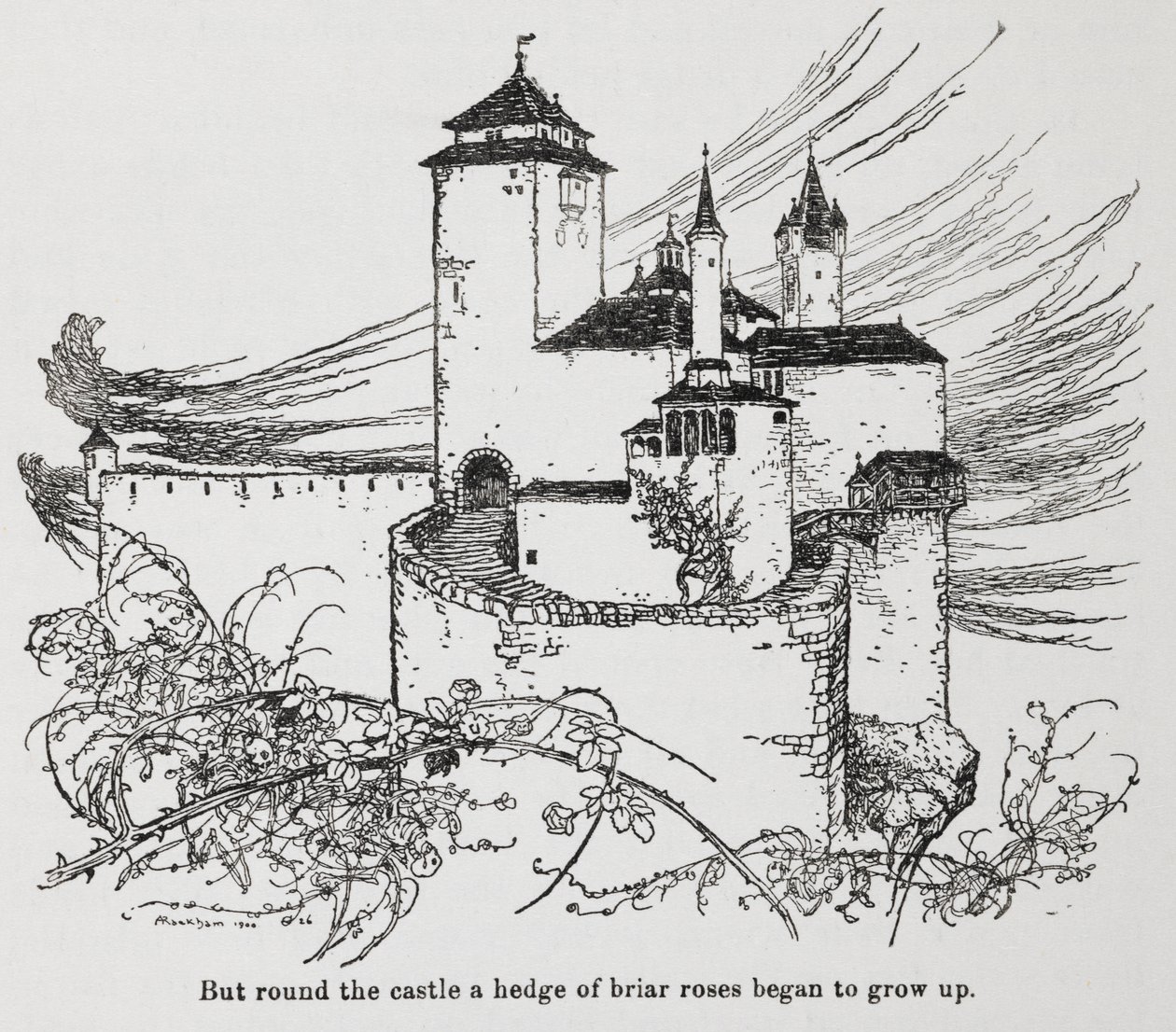 A Briar Rose (Csipkerózsika) töviseivel körülvett kastély alkotó: Arthur Rackham